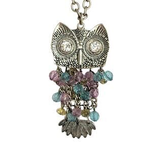 Vintage Owl Necklace Pendant Silver Tone Chain Rhinestone Eye Facet Bead Feather
